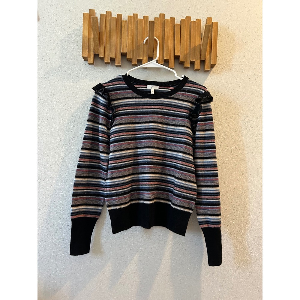 Joie Striped Ruffle‎ Shoulder Sweater Womens Size Small Black Pink Blue Metallic